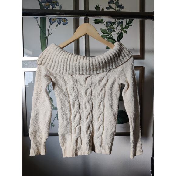 Free People Ivory Cream Cable Knit Off Shoulder Sweater Size S - Picture 1 of 5